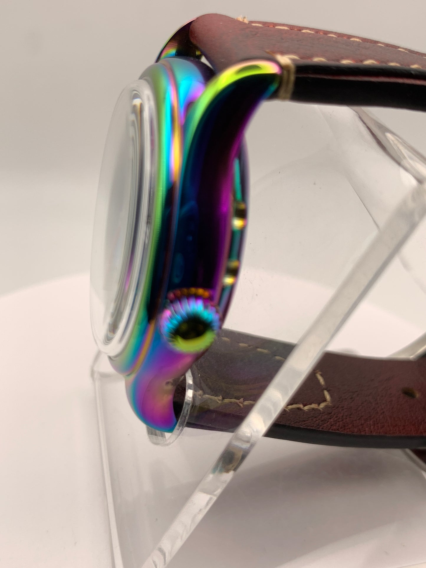 Living Color. 38mm thermally colored stainless steel case and case back. Double dome K-1 mineral crystal. Seiko NH36
