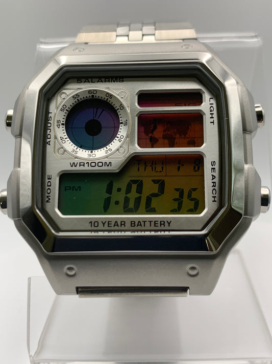 Royale with Cheese II. Casio AE1200. Rainbow filter. Metal case. Silver sunray faceplate. Vintage style bracelet. Flashing alarm upgrade.