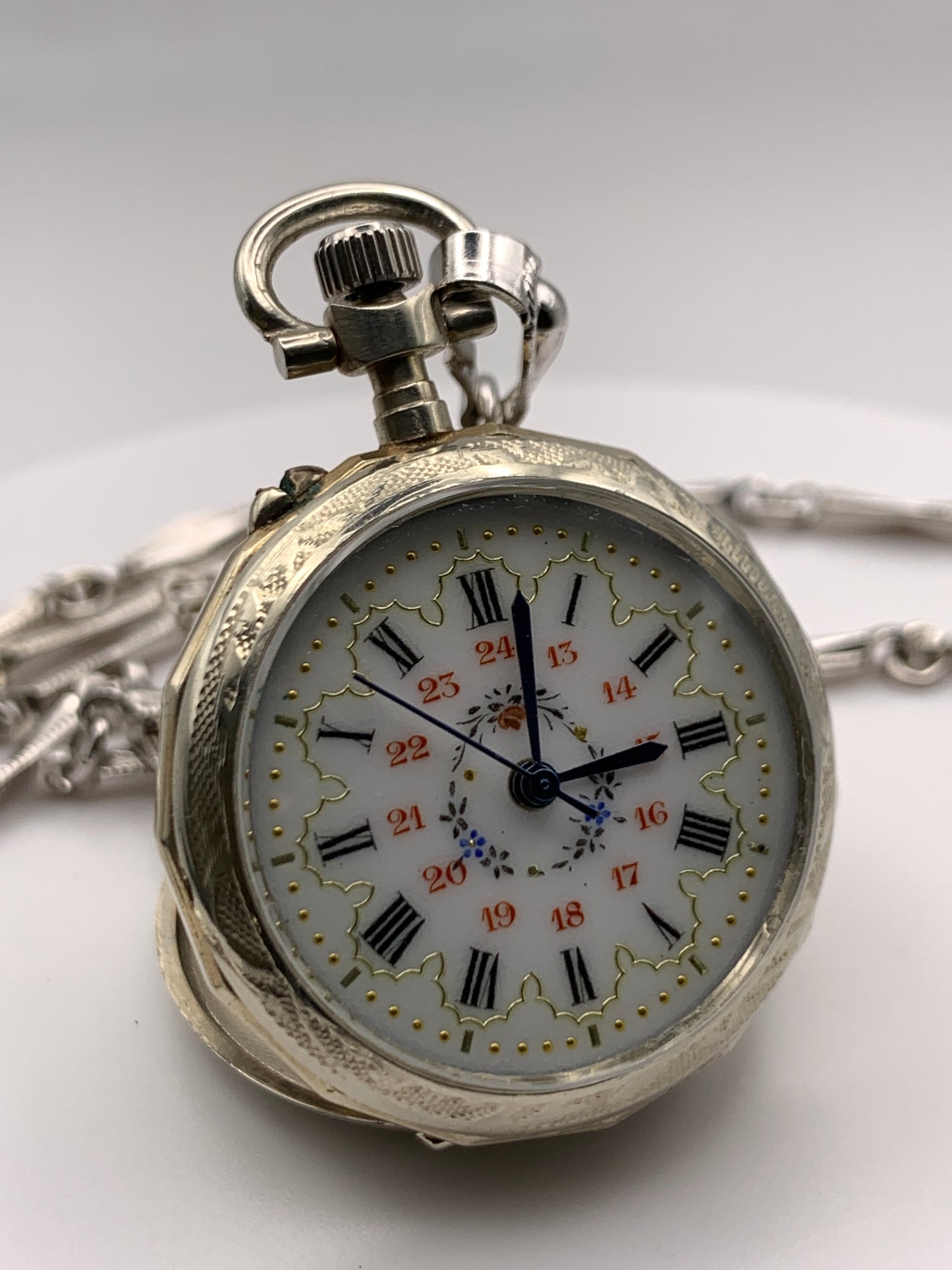 ‘Sold - Amuse-bouche. 30mm pocket / necklace watch. NOS Argentan alloy case and hand painted enamel dial. Sapphire crystal. Miyota 2036. 24” sterling necklace.