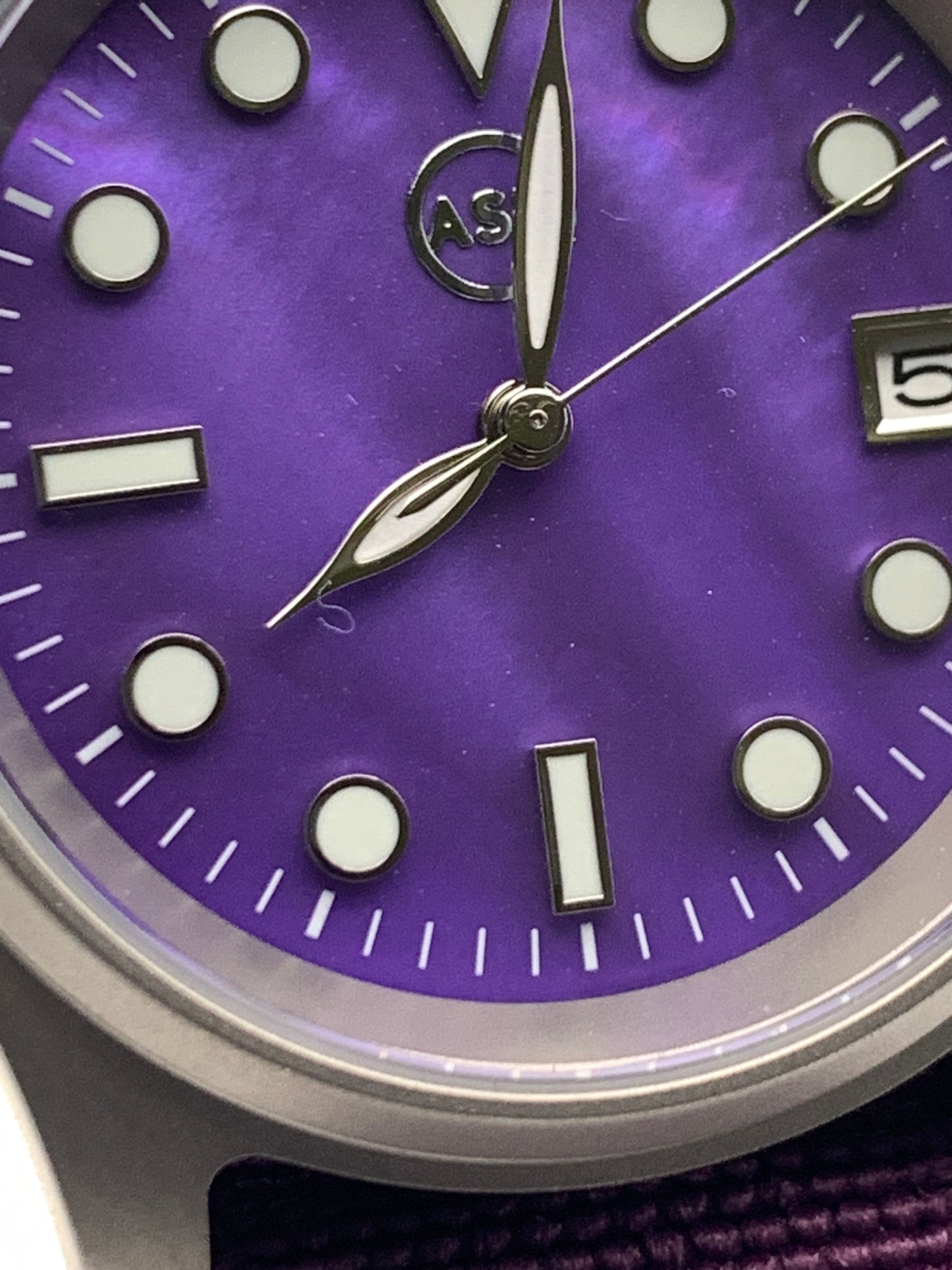 Larkspur 1.1 - 36mm Titanium field watch. Purple MOP dial. Seiko NH35.