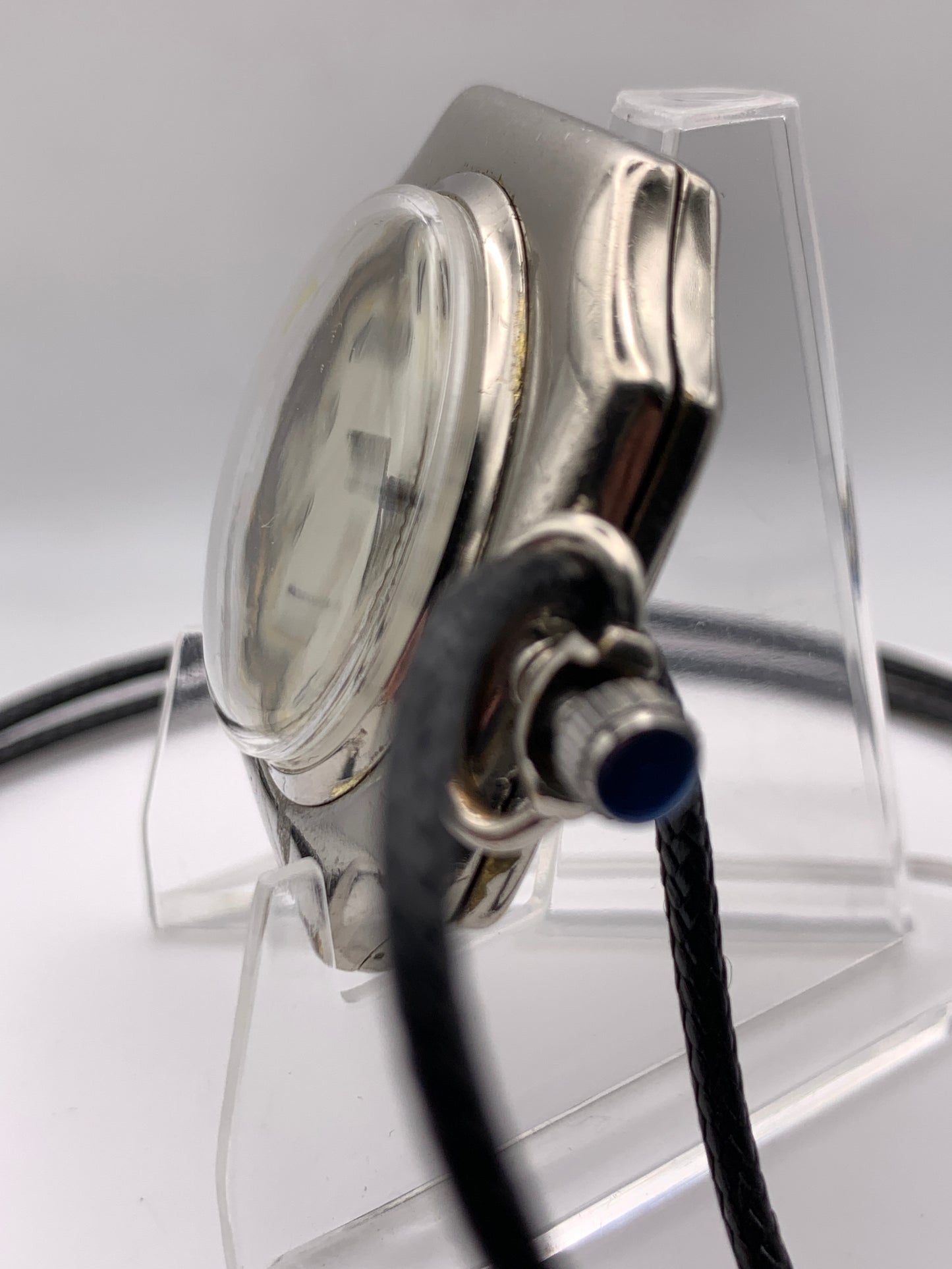 Palimpsest.  40 x 40mm plated brass case. Vintage pendant watch conversion. Domed acrylic crystal. Original enamel dial. Miyota 2036.