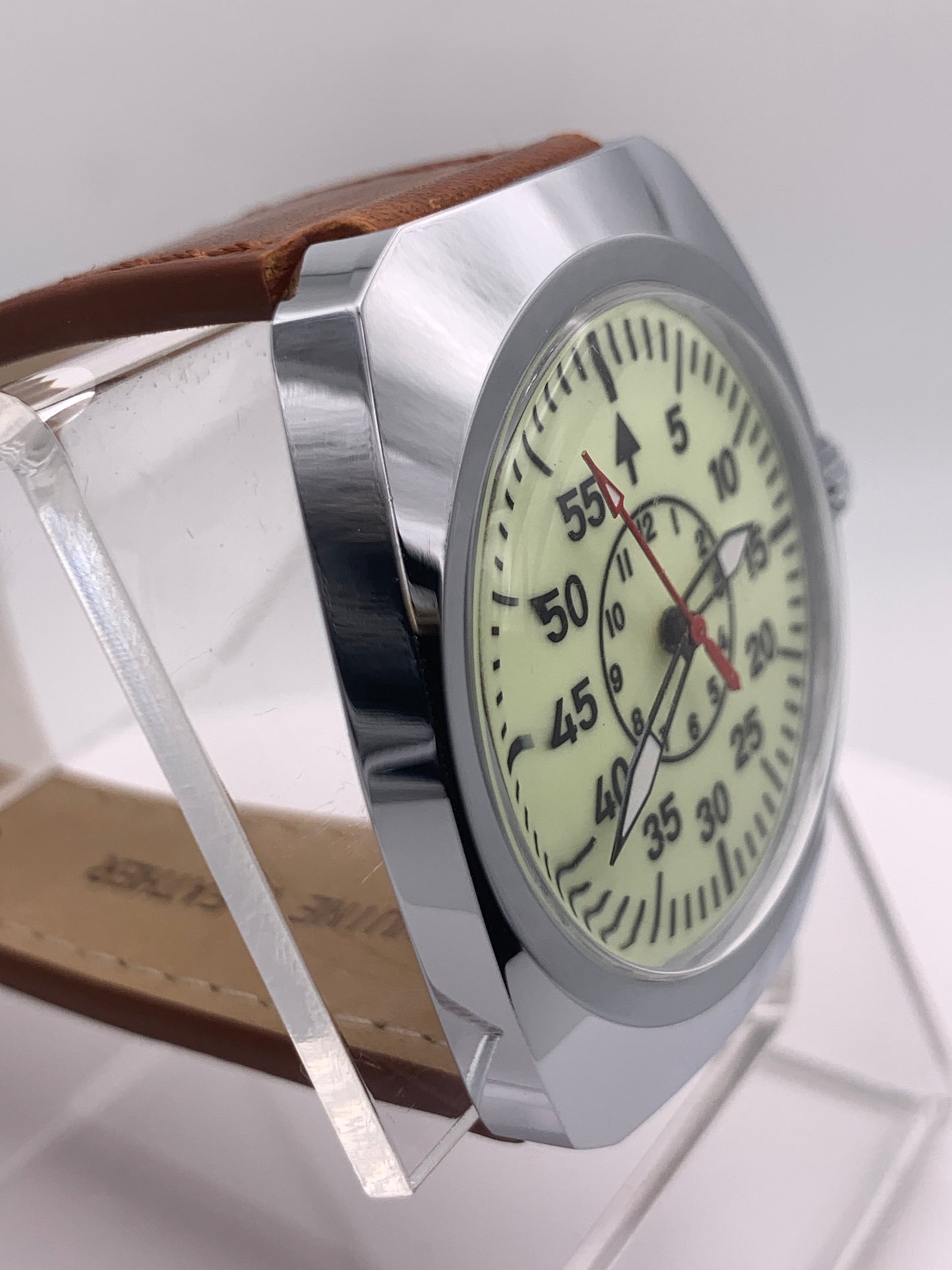 Full Moon. Neo Vintage. Fully Lumed Flieger B style. 36mm NOS Gruen case. Acrylic domed crystal. Seiko VH31 mecha-quartz.