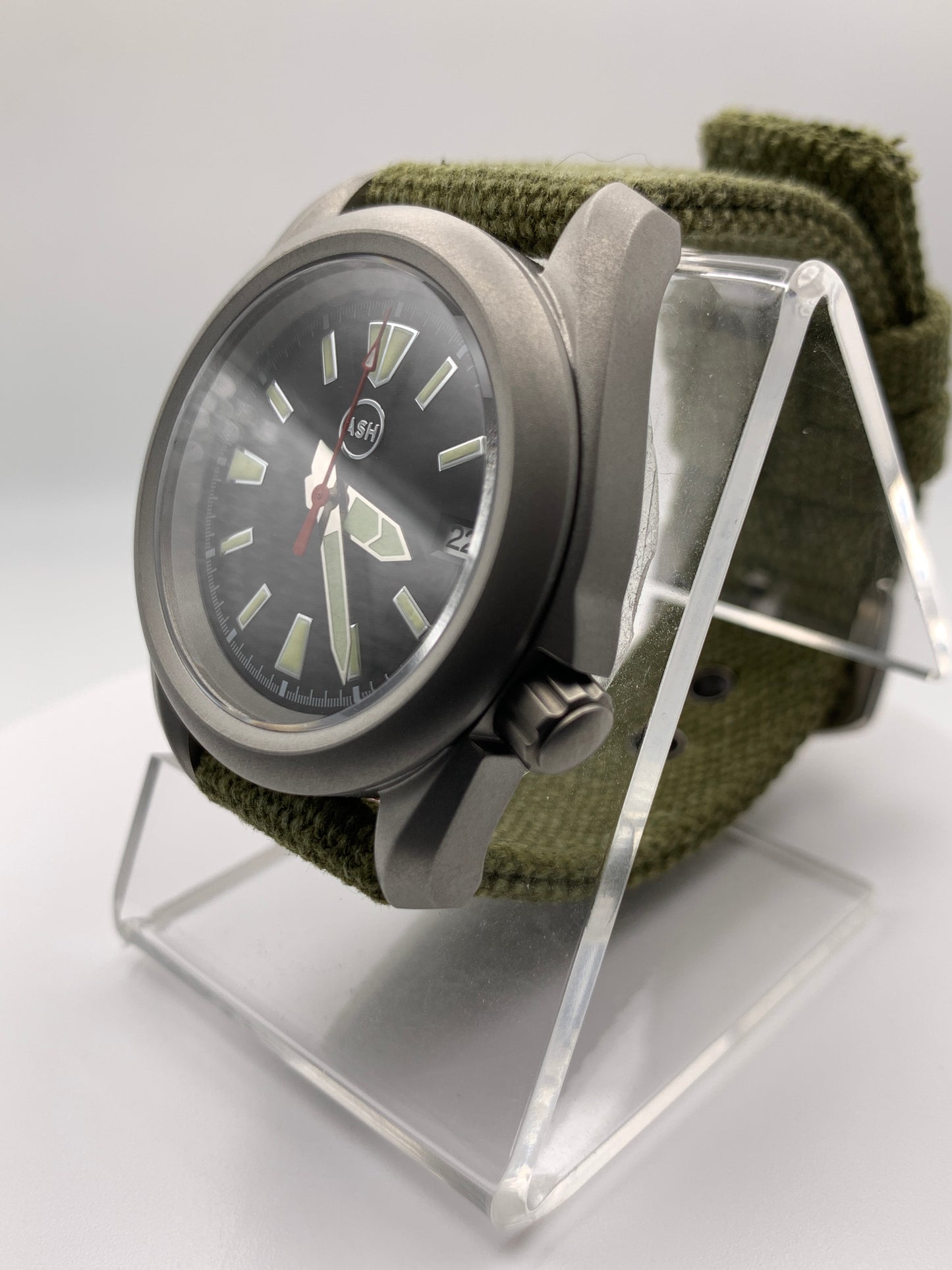 Outrider. 38mm bead blasted stainless steel. Crown at 3.8.  Sapphire crystal. Seiko NH35.