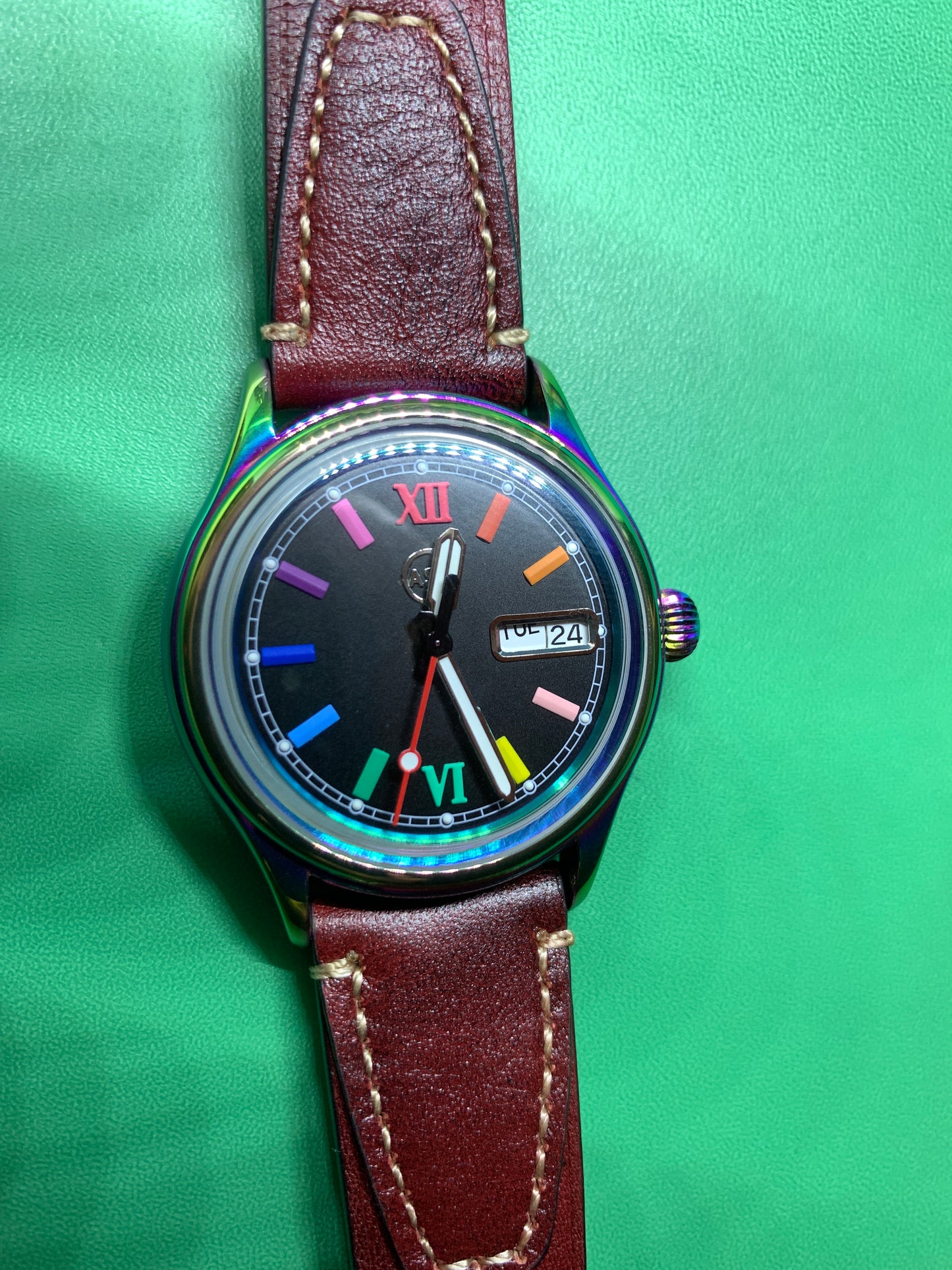Living Color. 38mm thermally colored stainless steel case and case back. Double dome K-1 mineral crystal. Seiko NH36