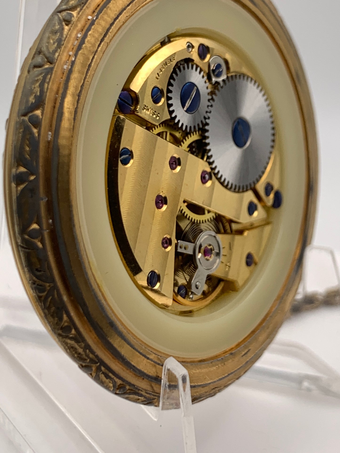 Pencron 44mm Swiss pocket watch. Unitas 6325 hand winding movement. Acrylic dome. Period correct chain and pocket knife.