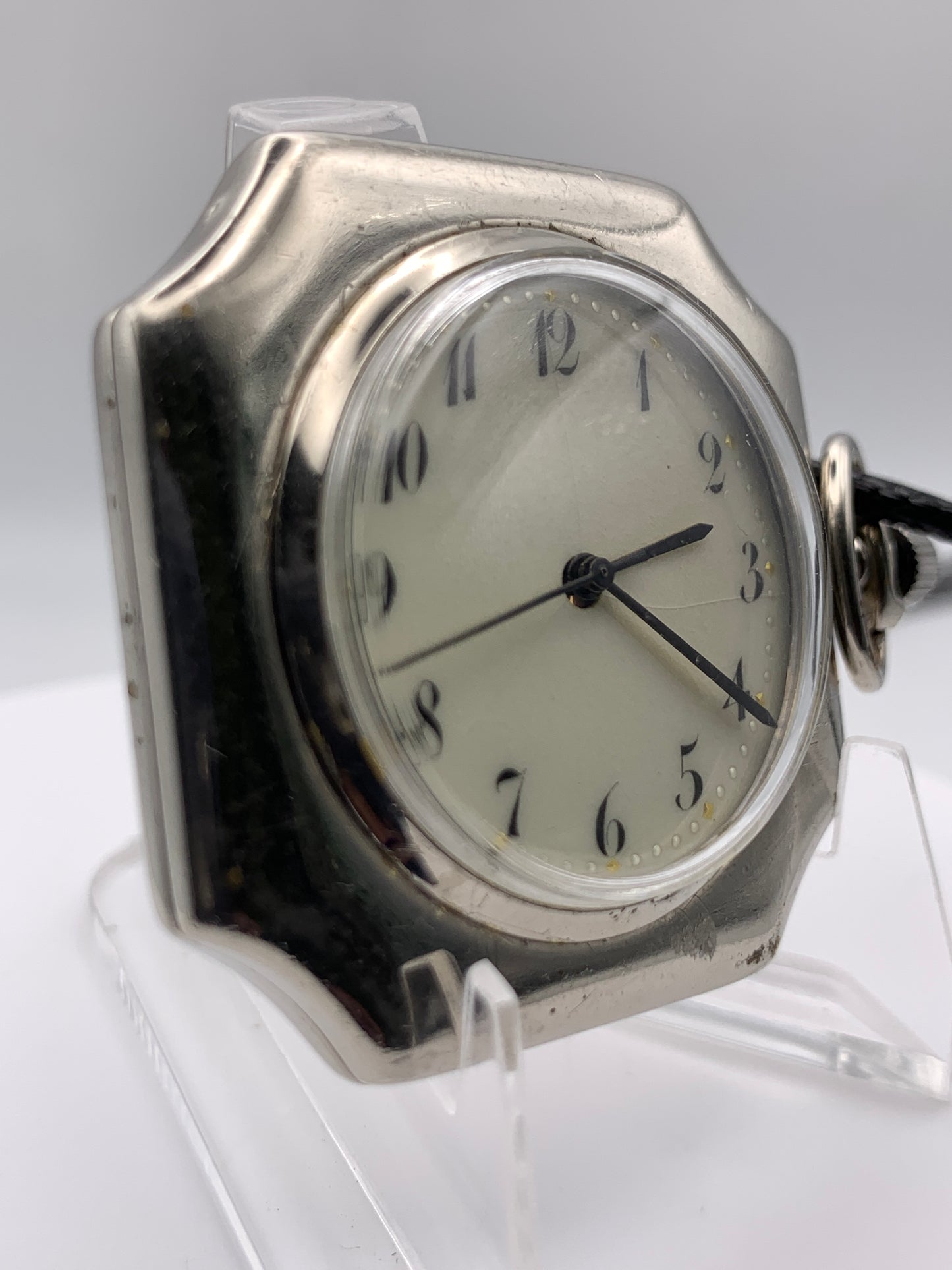 Palimpsest.  40 x 40mm plated brass case. Vintage pendant watch conversion. Domed acrylic crystal. Original enamel dial. Miyota 2036.
