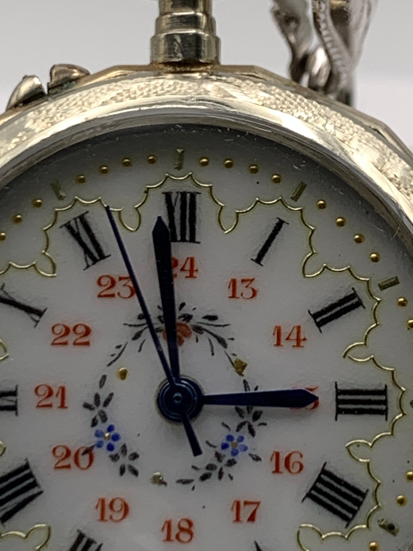 ‘Sold - Amuse-bouche. 30mm pocket / necklace watch. NOS Argentan alloy case and hand painted enamel dial. Sapphire crystal. Miyota 2036. 24” sterling necklace.