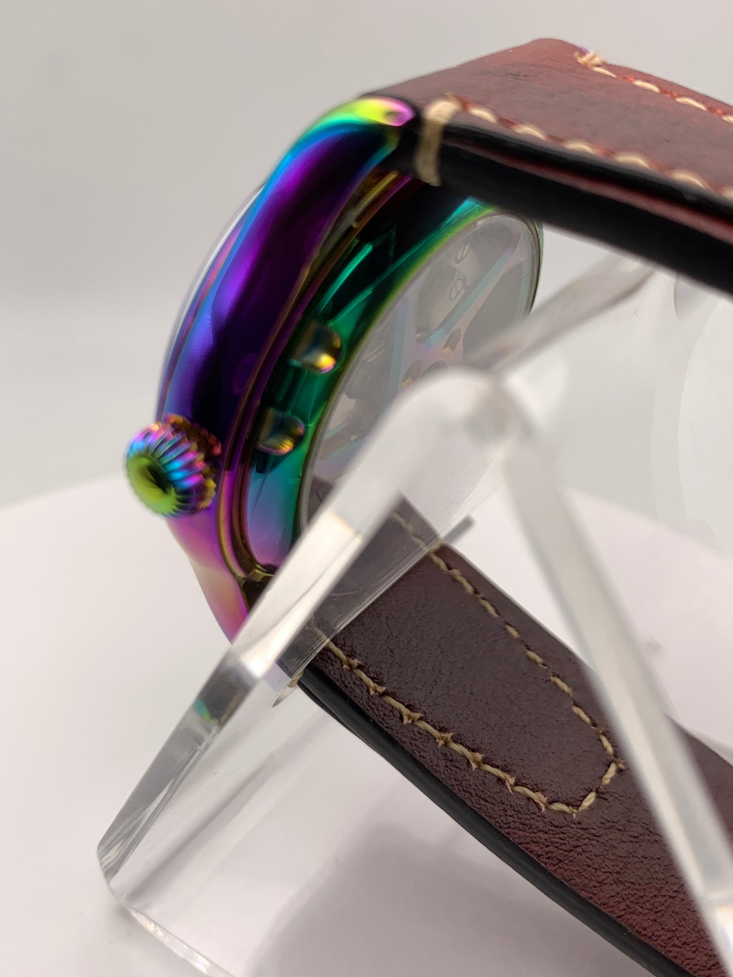 Living Color. 38mm thermally colored stainless steel case and case back. Double dome K-1 mineral crystal. Seiko NH36