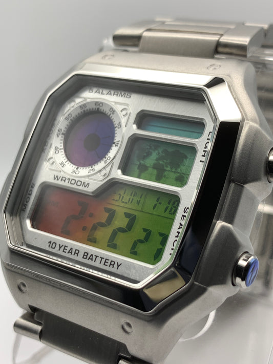 Royale with Cheese III. Metal faceplate and case. Rainbow filter. Flashing alarm mod. On vintage style bracelet.