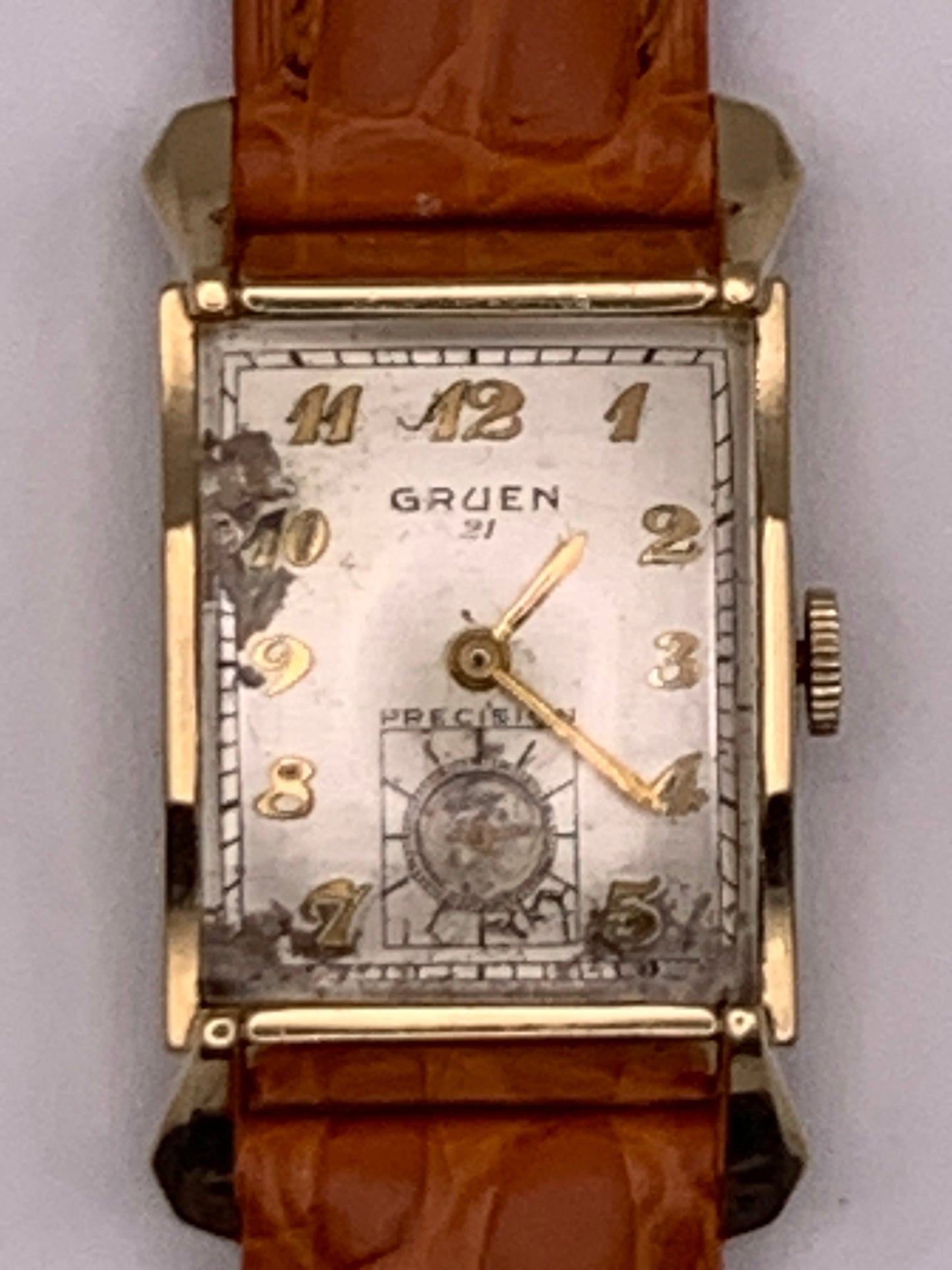 Gruen Precision 335, circa 1950, wrist watch repair. New balance staff and mainspring. 20mm wide. 34mm lug to lug.