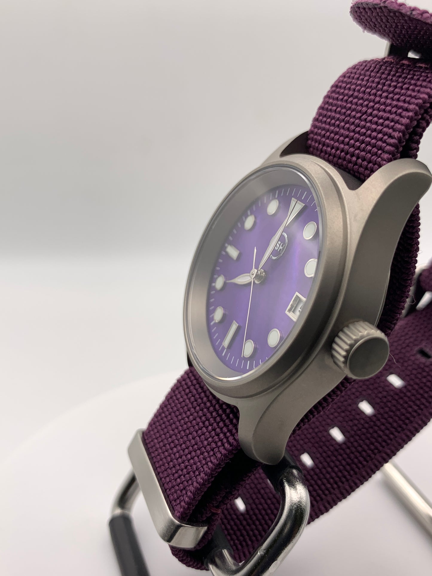 Larkspur 1.1 - 36mm Titanium field watch. Purple MOP dial. Seiko NH35.