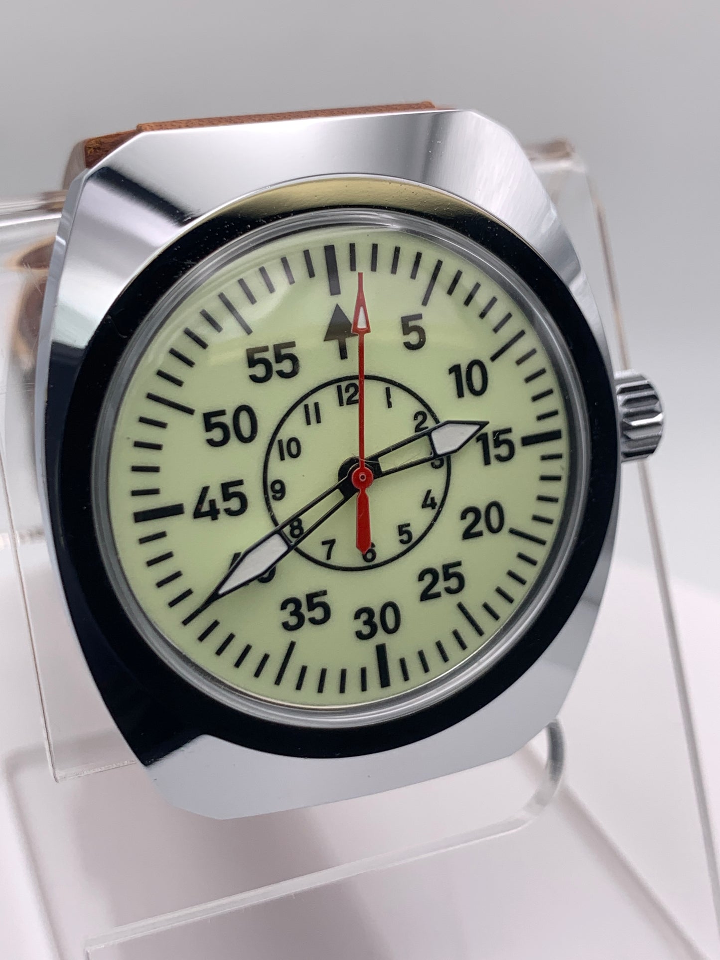 Full Moon. Neo Vintage. Fully Lumed Flieger B style. 36mm NOS Gruen case. Acrylic domed crystal. Seiko VH31 mecha-quartz.