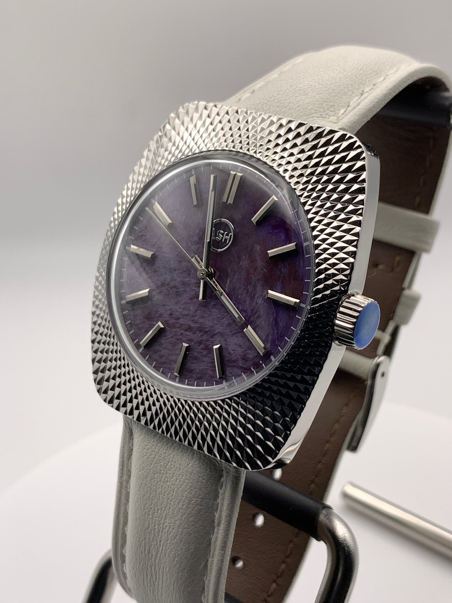 Lily. Faceted 37mm stainless steel case. Acrylic domed crystal. Charlotte stone dial.  Seiko VH31 mecha-quartz.