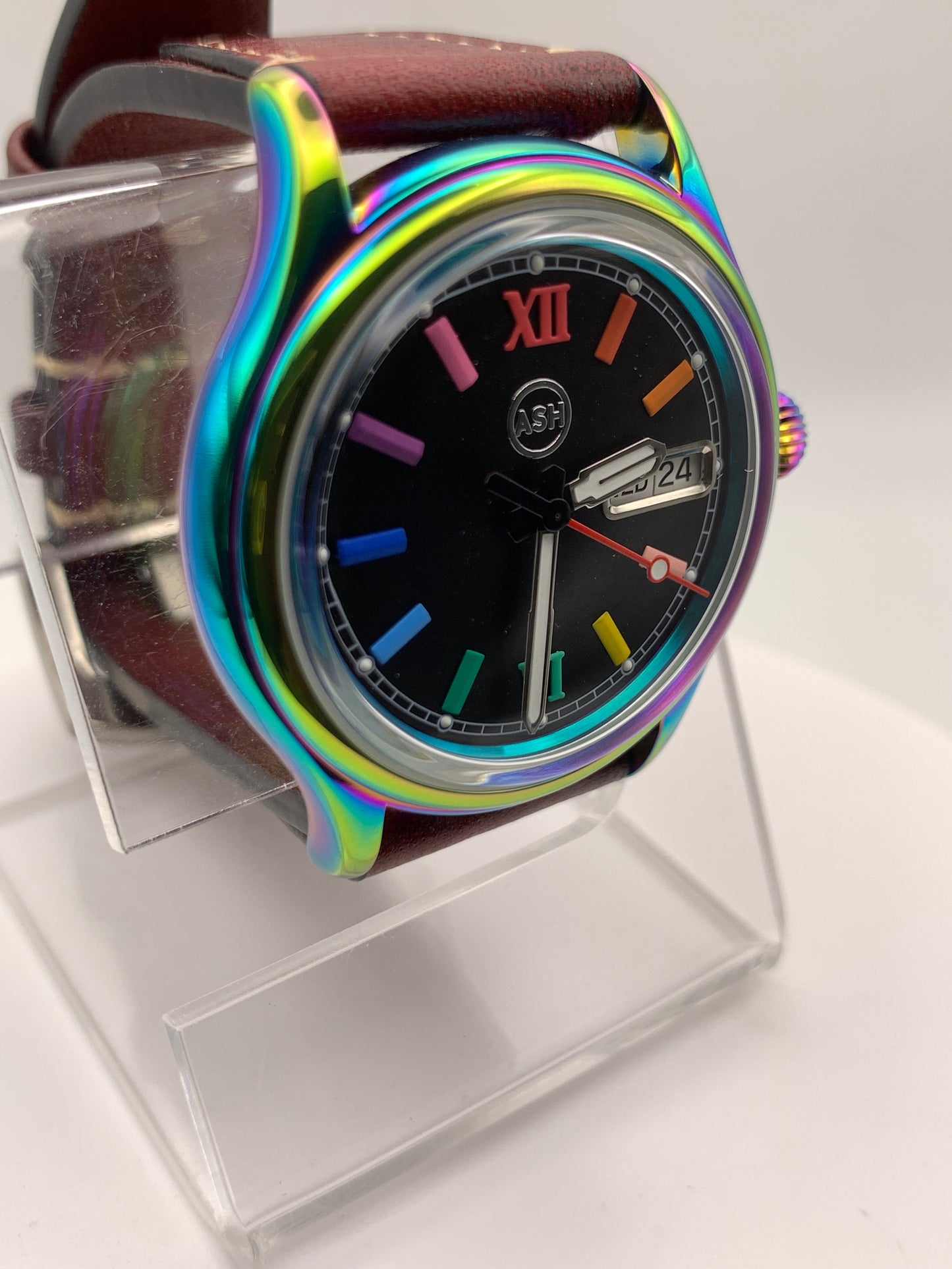 Living Color. 38mm thermally colored stainless steel case and case back. Double dome K-1 mineral crystal. Seiko NH36