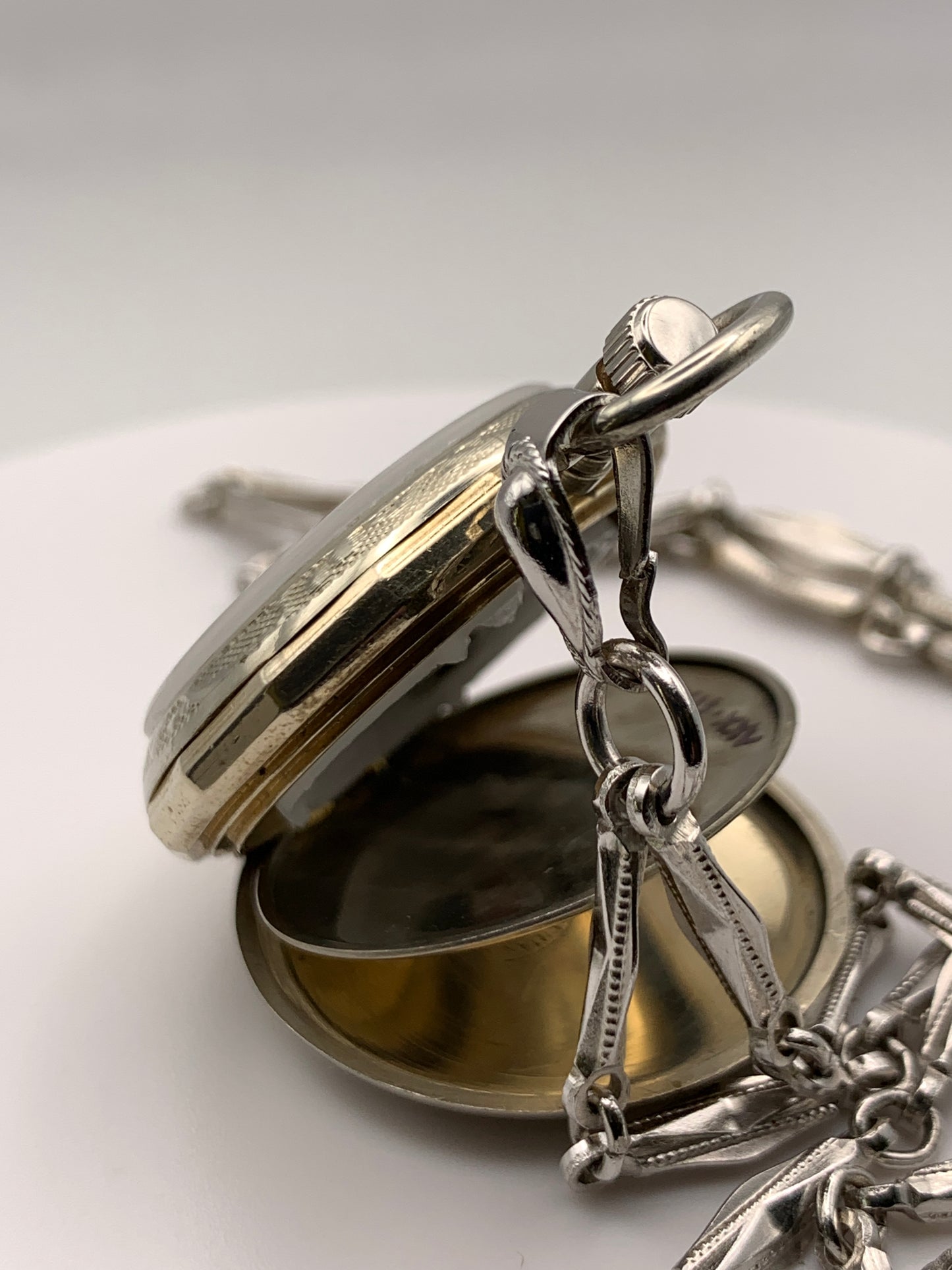 ‘Sold - Amuse-bouche. 30mm pocket / necklace watch. NOS Argentan alloy case and hand painted enamel dial. Sapphire crystal. Miyota 2036. 24” sterling necklace.