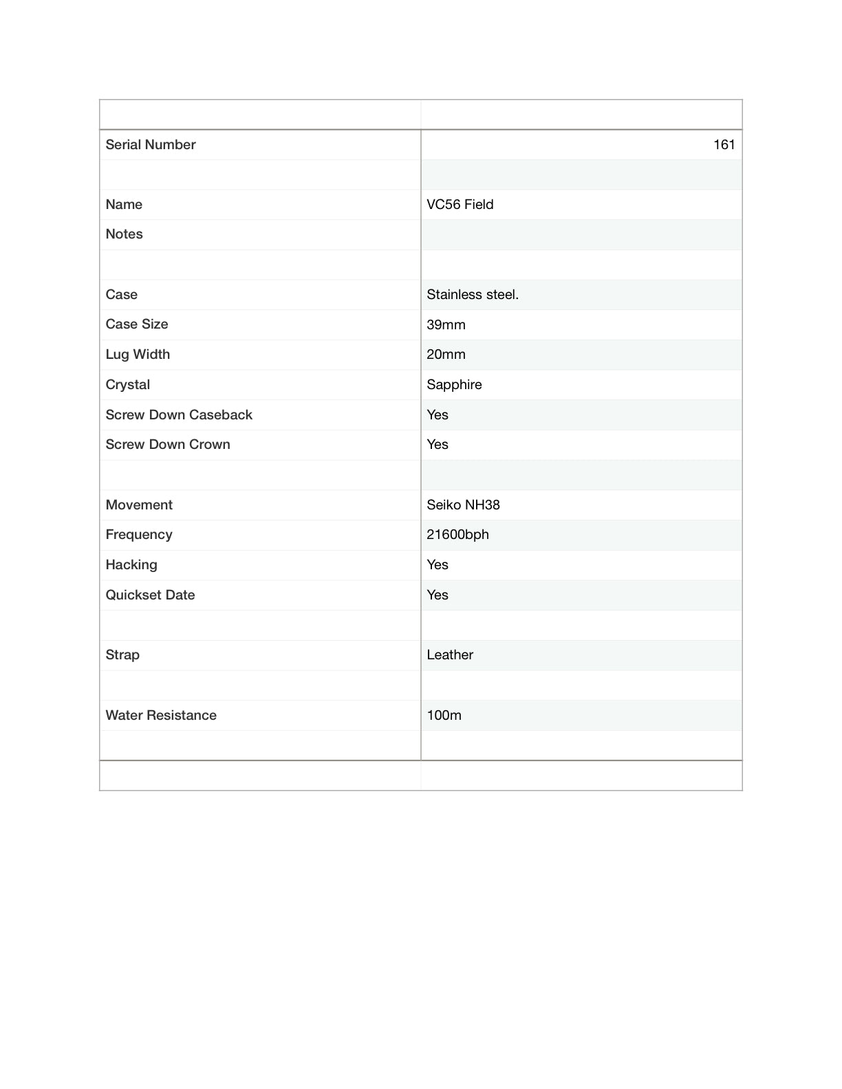 VC56 Field. 39mm Stainless steel case. Sapphire crystal. NH38 automatic movement.