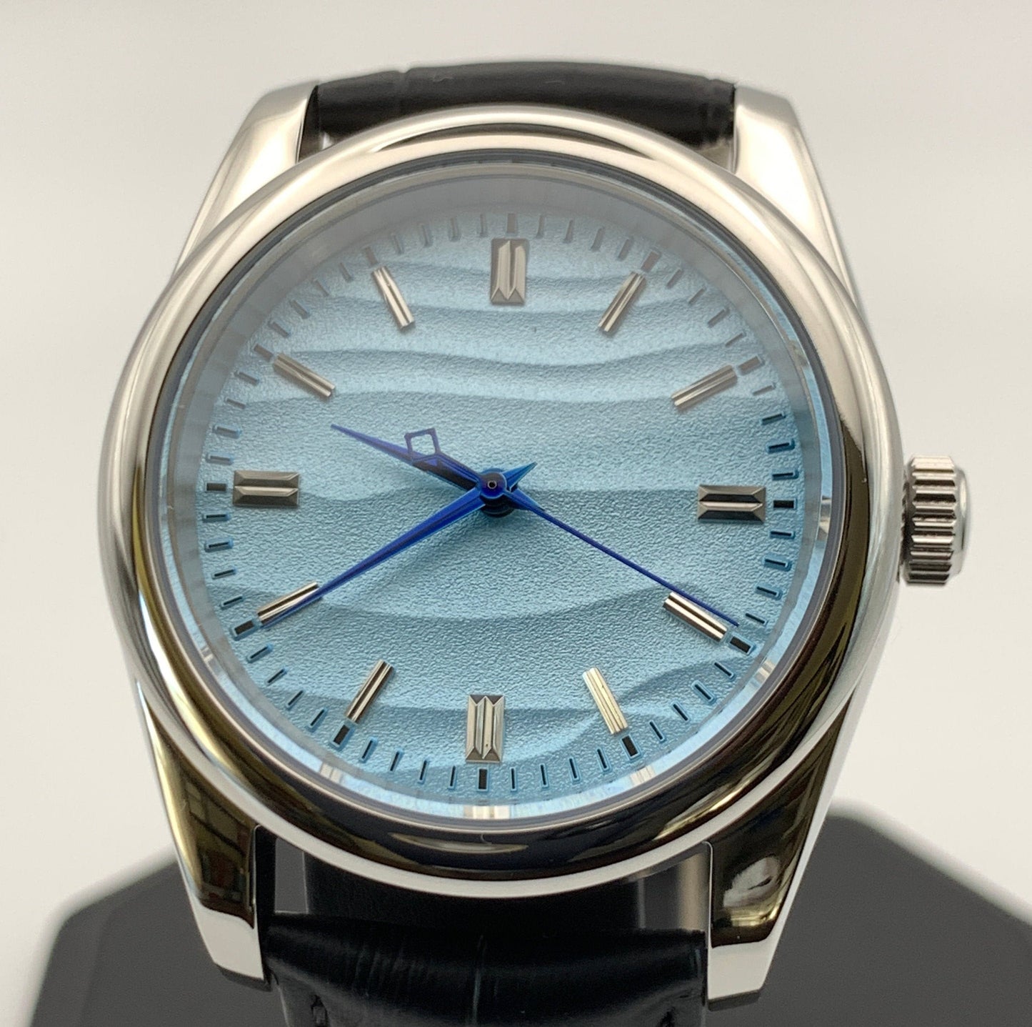 Custom Automatic Blue Wave Textured Dial Seiko Wristwatch