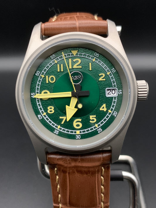 Green and Yellow Titanium Field Watch. Seiko NH35 Automatic.