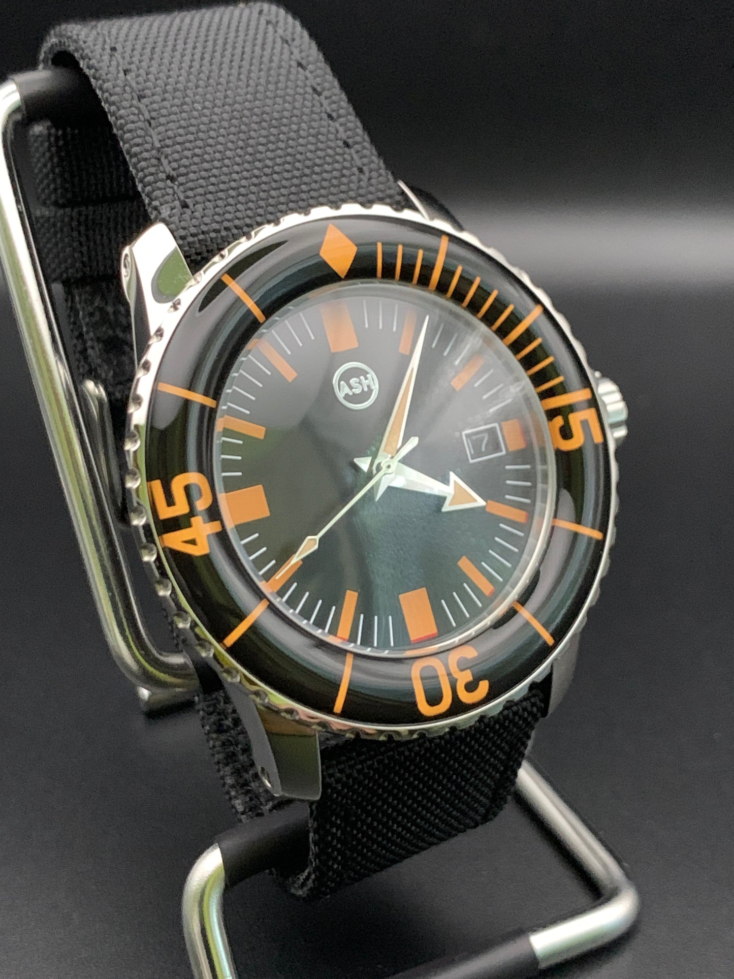 Classic Black and Orange Dive Watch.  Seiko NH35 Automatic.