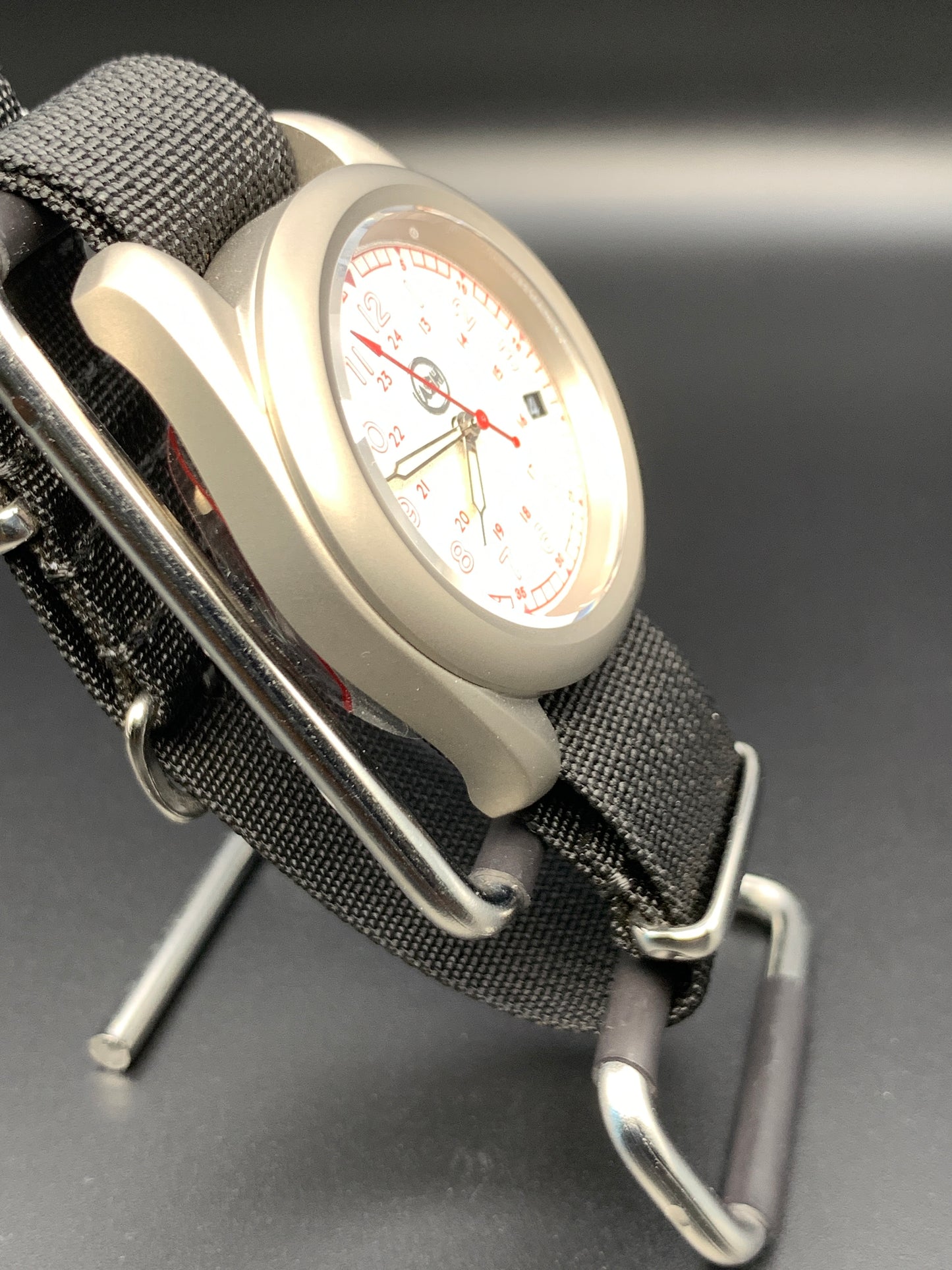38mm Titanium Field Watch. Red and silver dial. Seiko NH35.