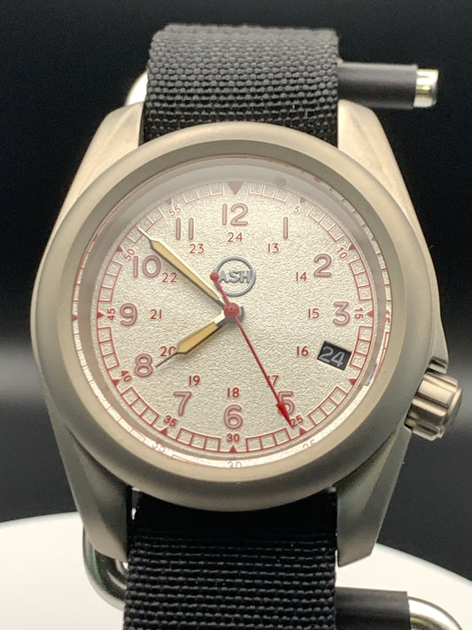 38mm Titanium Field Watch. Red and silver dial. Seiko NH35.