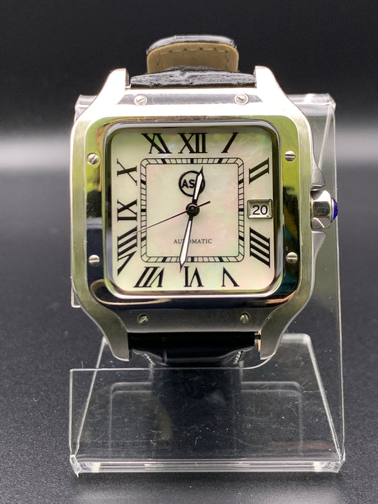 Santos styled 39mm rectangular dress watch. Mother of Pearl dial.