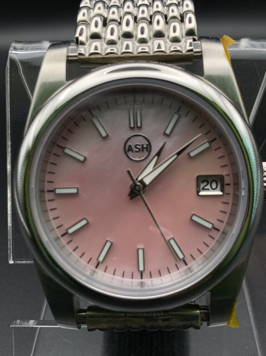 Pink Mother of Pearl 36mm dress Watch. Vintage Speidel bracelet.