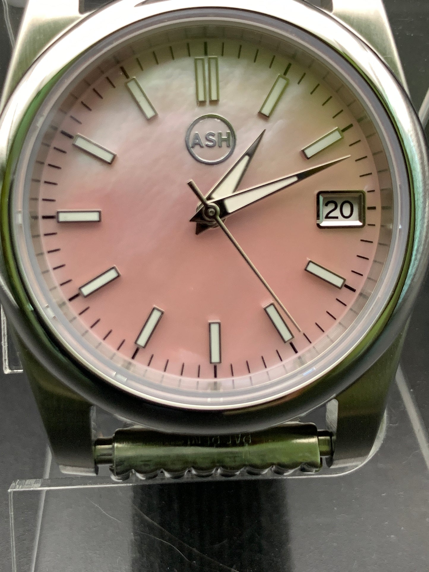 Pink Mother of Pearl 36mm dress Watch. Vintage Speidel bracelet.