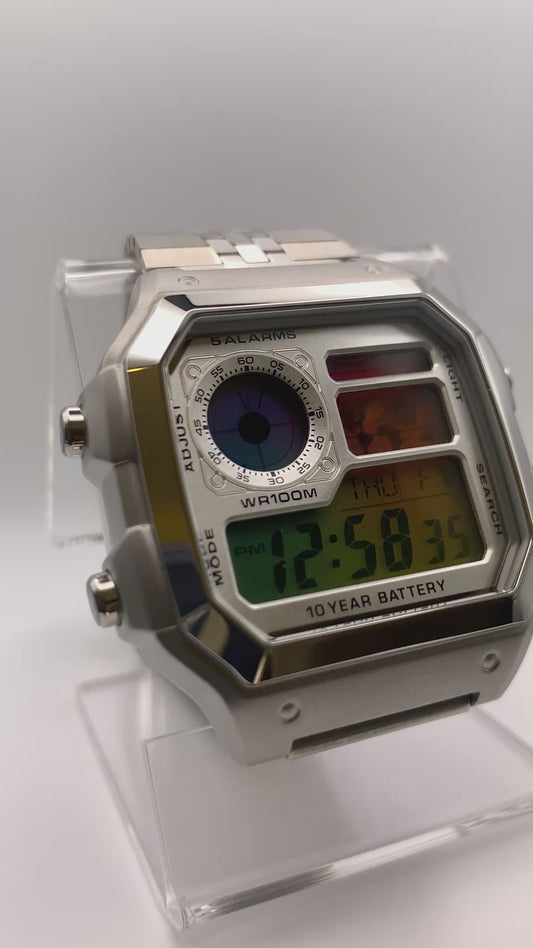 ‘Sold. Royale with Cheese II. Casio AE1200. Rainbow filter. Metal case. Silver sunray faceplate. Vintage style bracelet. Flashing alarm upgrade.