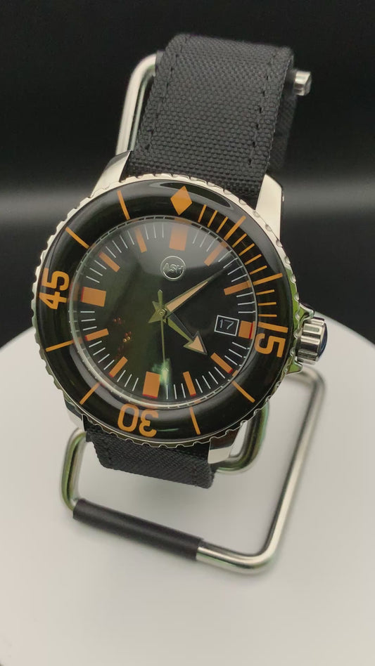Classic Black and Orange Dive Watch.  Seiko NH35 Automatic.