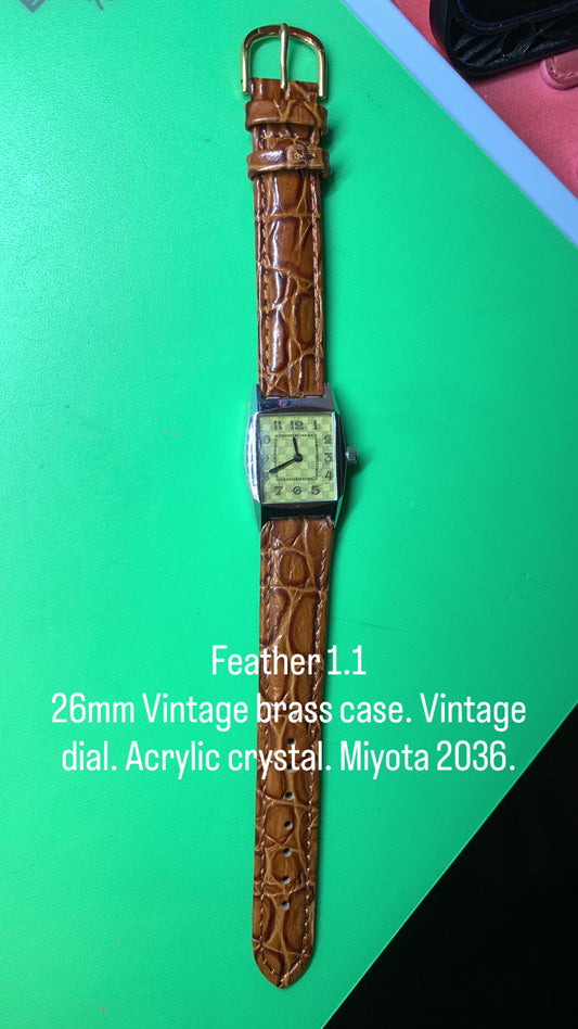 Feather 1.1 Vintage brass case and dial. Acrylic crystal. Miyota 2036 quartz movement.