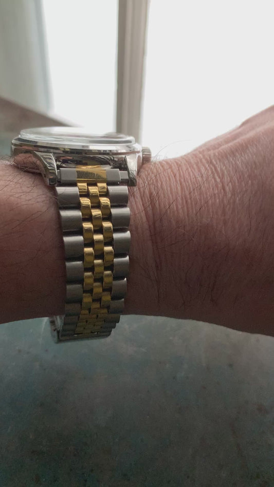 Mister Green Jeans. 39mm stainless steel. Box mineral crystal with blue AR coating. Seiko NH35 automatic. Vintage Speidel bracelet.