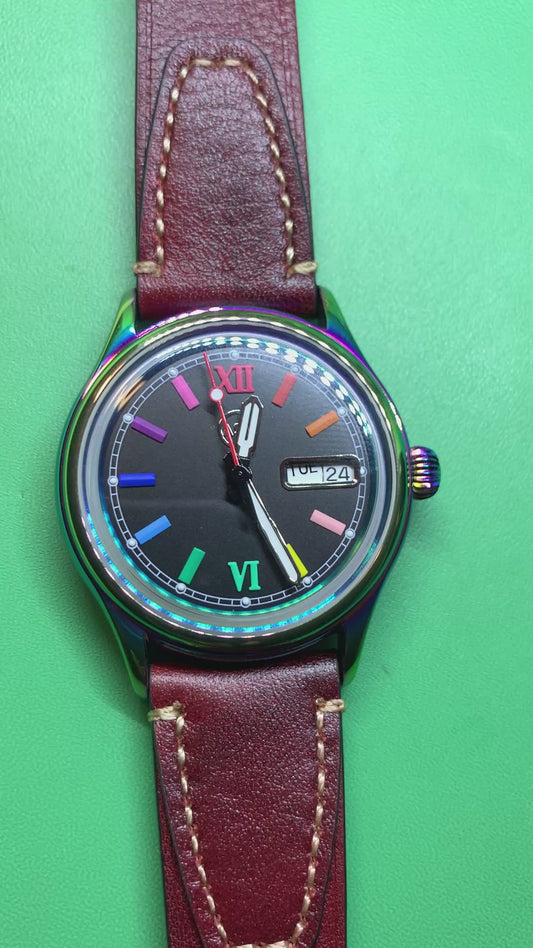 Living Color. 38mm thermally colored stainless steel case and case back. Double dome K-1 mineral crystal. Seiko NH36