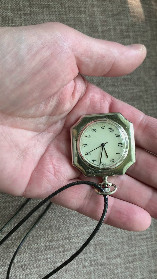 Palimpsest.  40 x 40mm plated brass case. Vintage pendant watch conversion. Domed acrylic crystal. Original enamel dial. Miyota 2036.